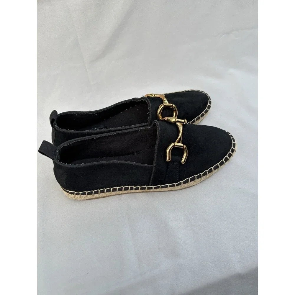 Zara Black Swede  Espadrille Flats with Gold Buckle 39